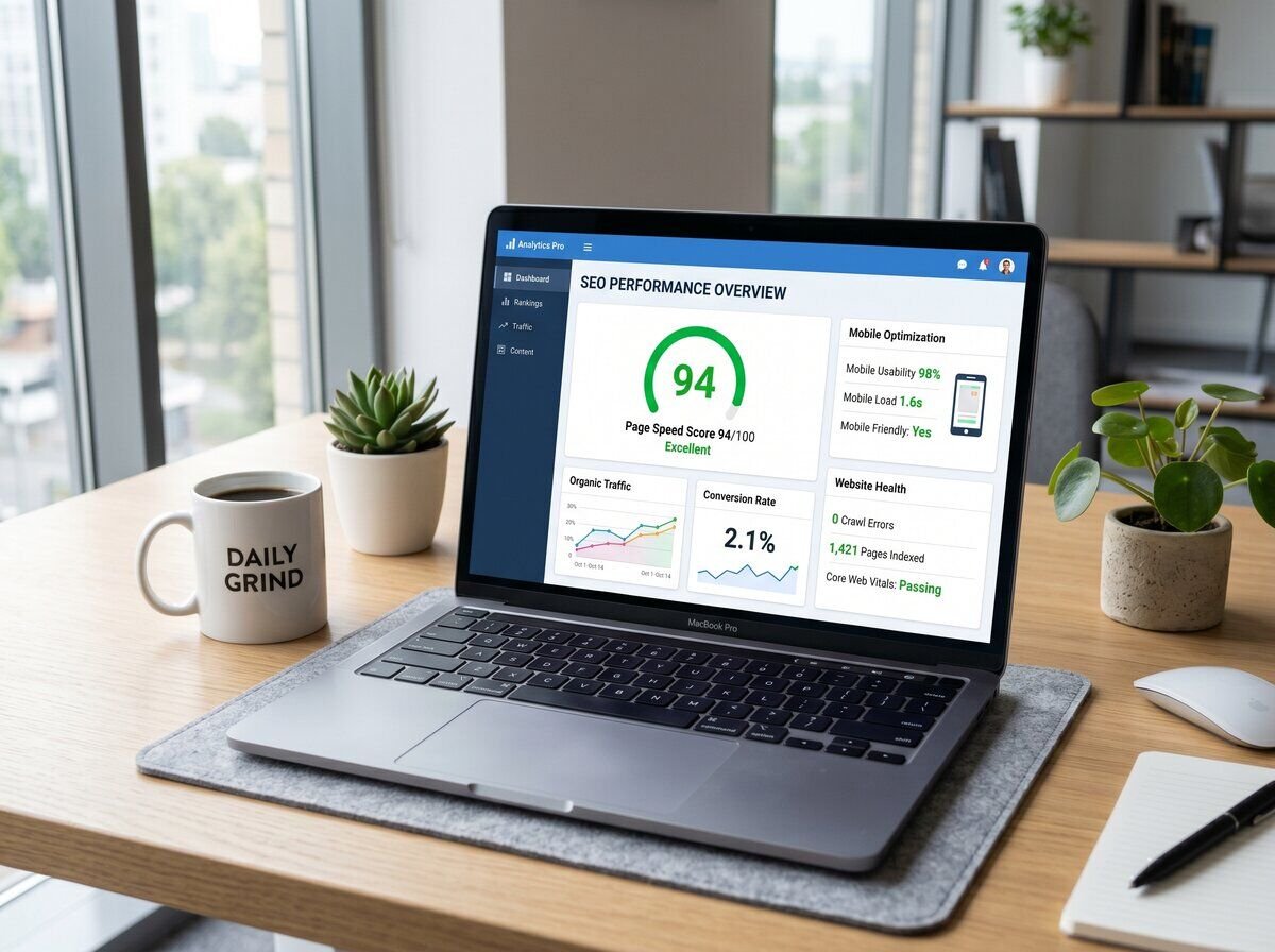Professional SEO dashboard showing page speed score of 94, mobile optimization metrics, and website health indicators