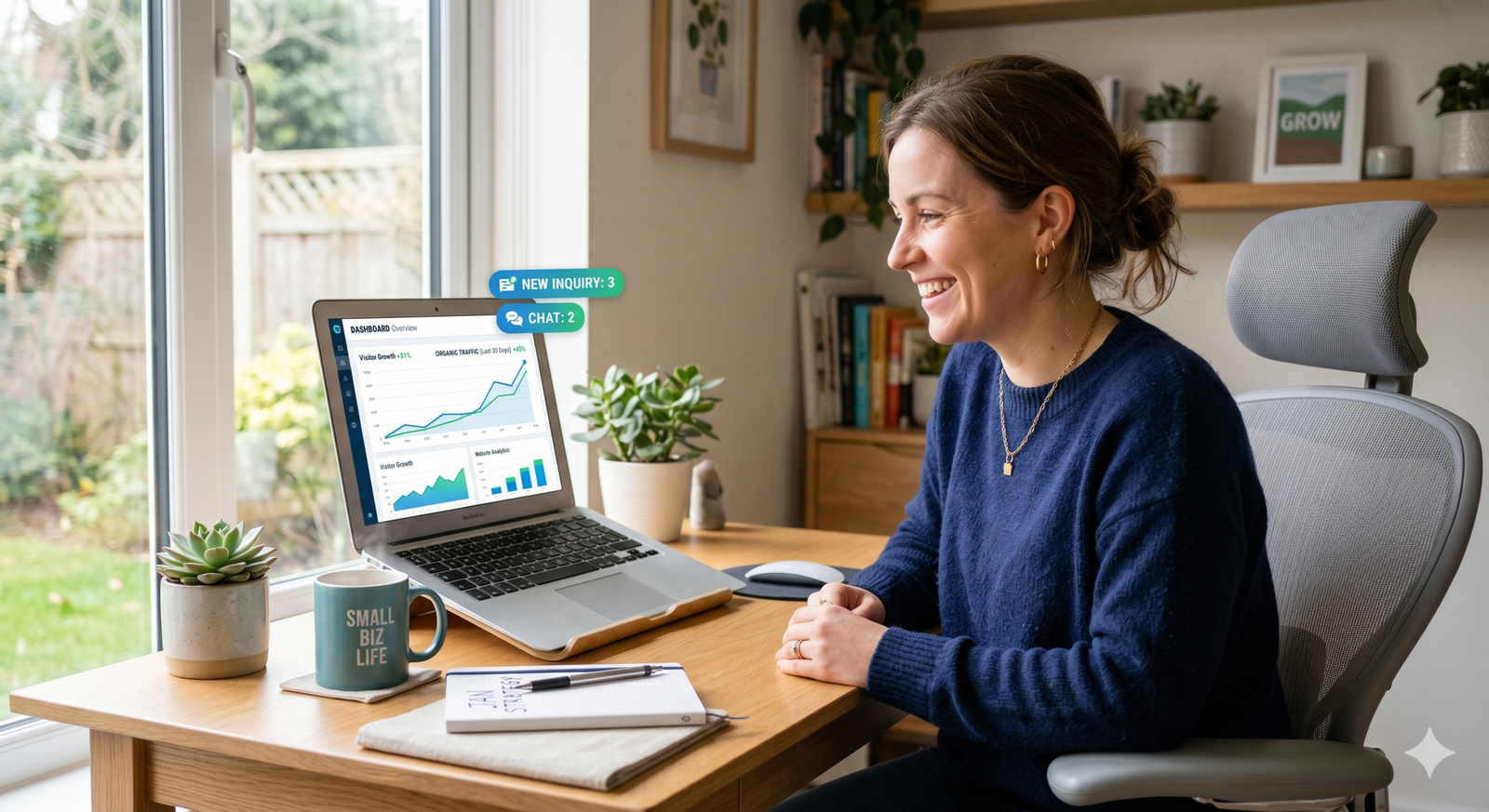 Small business owner reviewing website analytics showing organic customer growth without paid advertising