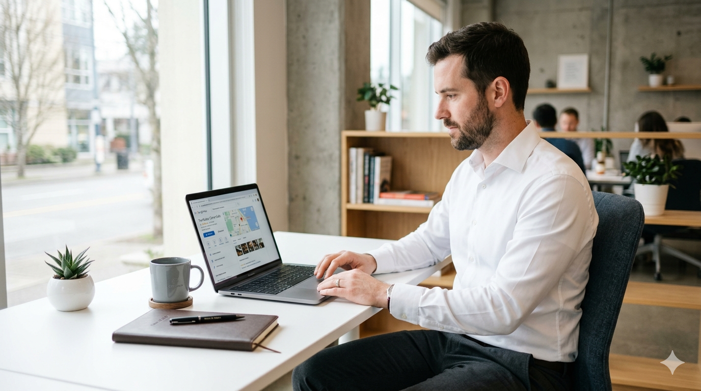 Small business owner setting up Google Business Profile on laptop to appear in local Google search results