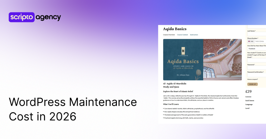 WordPress maintenance cost 2026 featured image showing the Fatemiye course page maintained by Scripto Agency