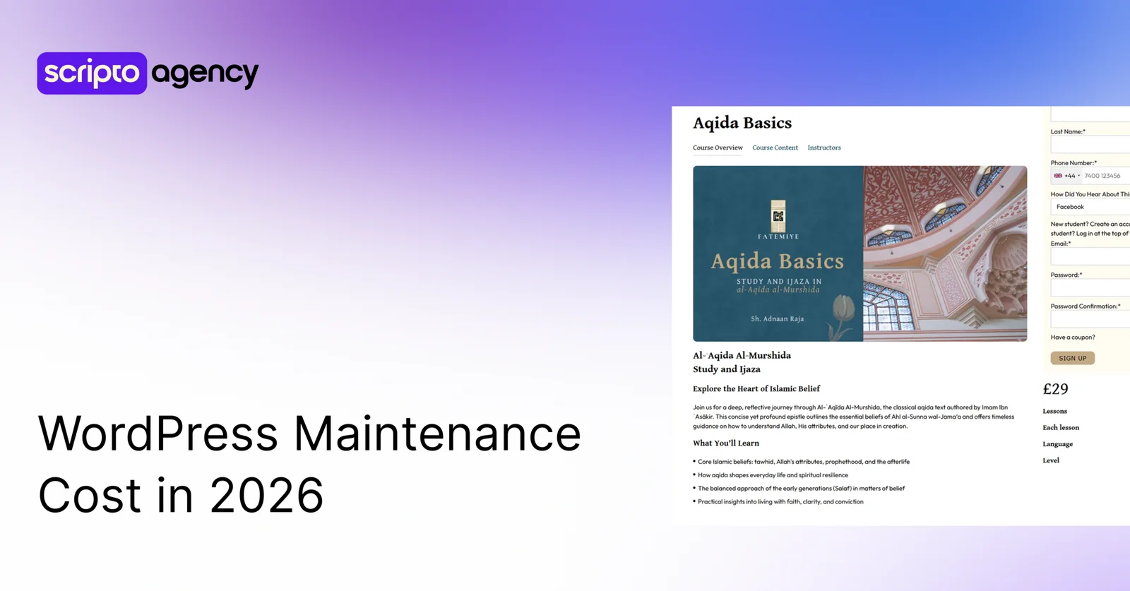 WordPress maintenance cost 2026 featured image showing the Fatemiye course page maintained by Scripto Agency