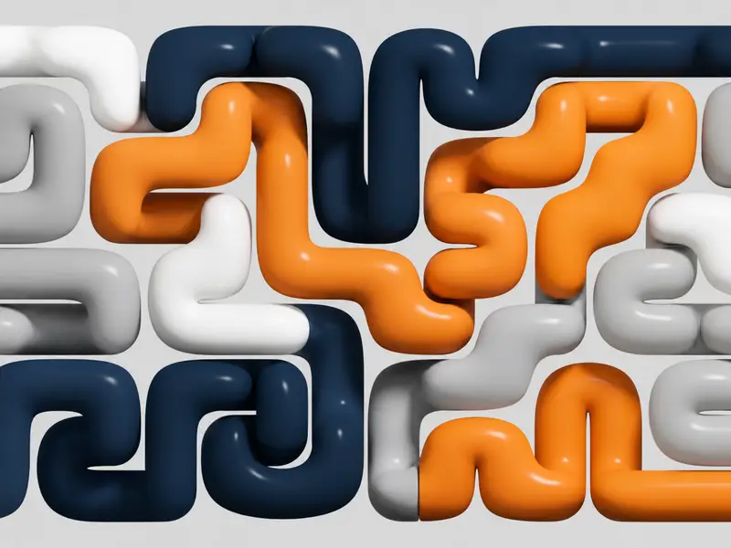 Abstract 3D interlocking tube pattern in navy, orange, white and grey symbolizing connected content pathways in generative engine optimization