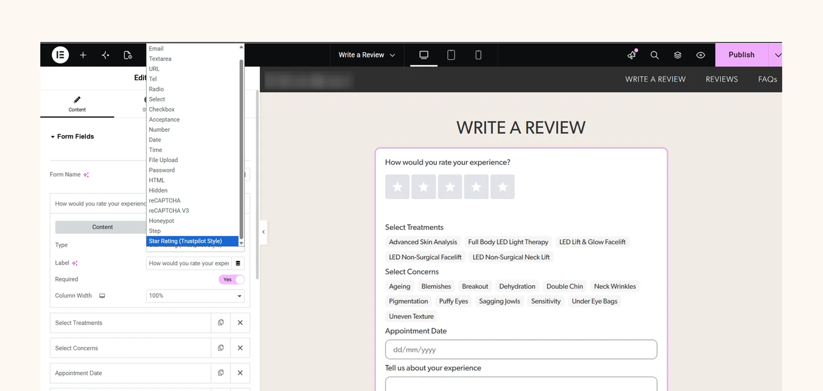 Elementor form builder showing a custom “Star Rating (Trustpilot Style)” field type in the field dropdown, with the live review form preview displaying five rating stars, treatment and concern options, and an appointment date field