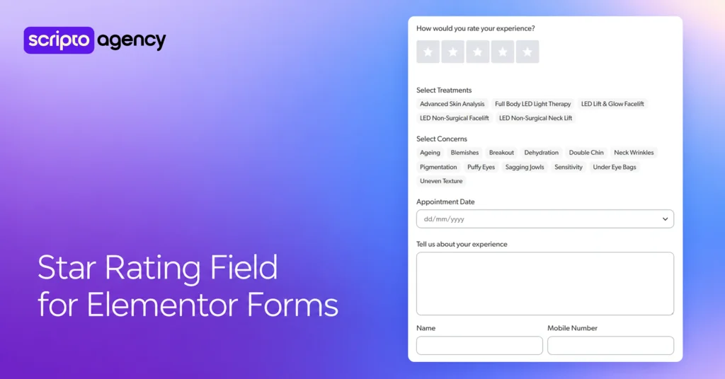 Elementor review form with a custom star rating field, treatments and appointment date, built without a plugin