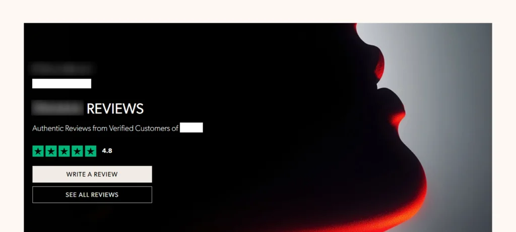 Reviews landing page hero built in Elementor, showing a 4.8 five-star rating with Write a Review and See All Reviews buttons on a dark background
