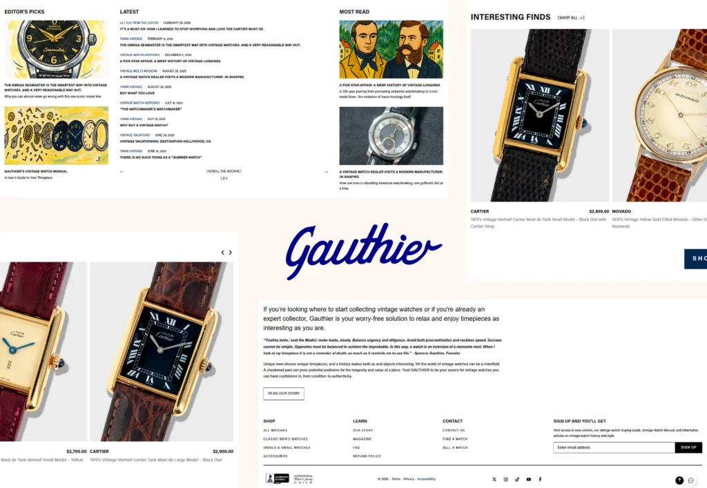 Gauthier Watches website pages, showing the magazine section with Editor’s Picks, Latest and Most Read articles, an Interesting Finds row of vintage Cartier and Movado watches with prices, the Gauthier logo, and the footer with shop links and newsletter signup