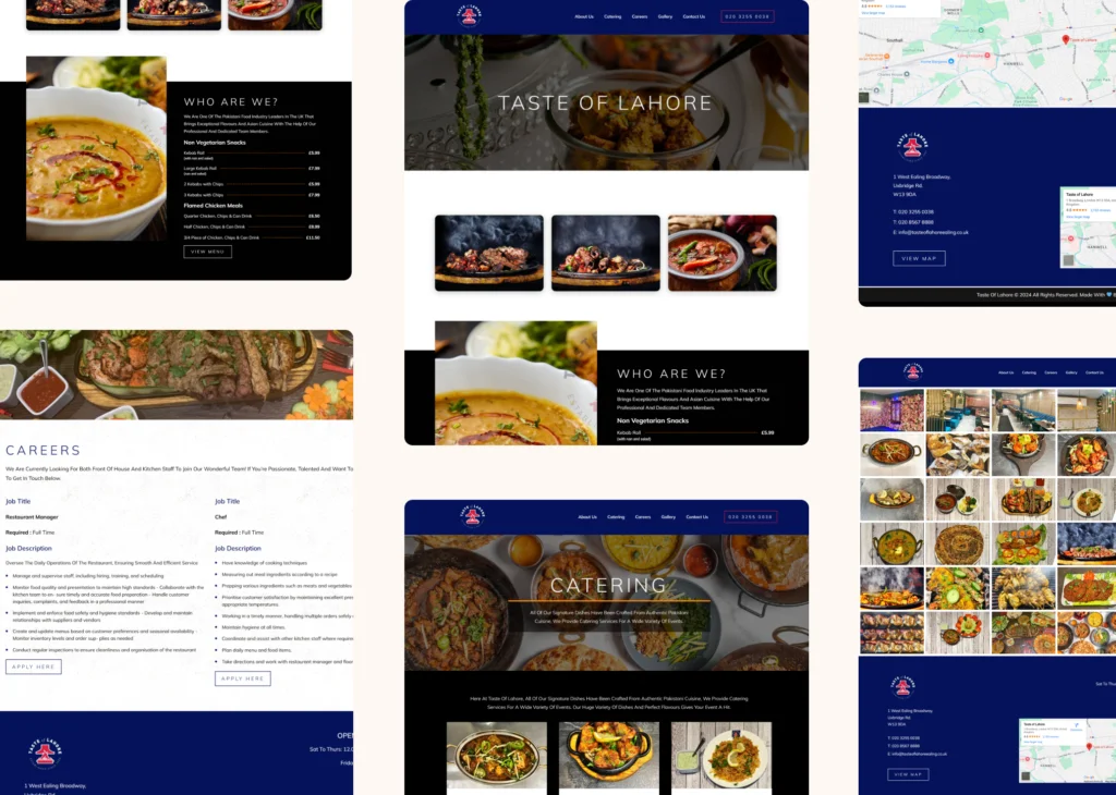 Taste Of Lahore Ealing restaurant website pages, showing the homepage hero, a menu section with prices, the Catering page, a Careers page with job listings, a food and interior photo gallery, and the footer with contact details and a Google map
