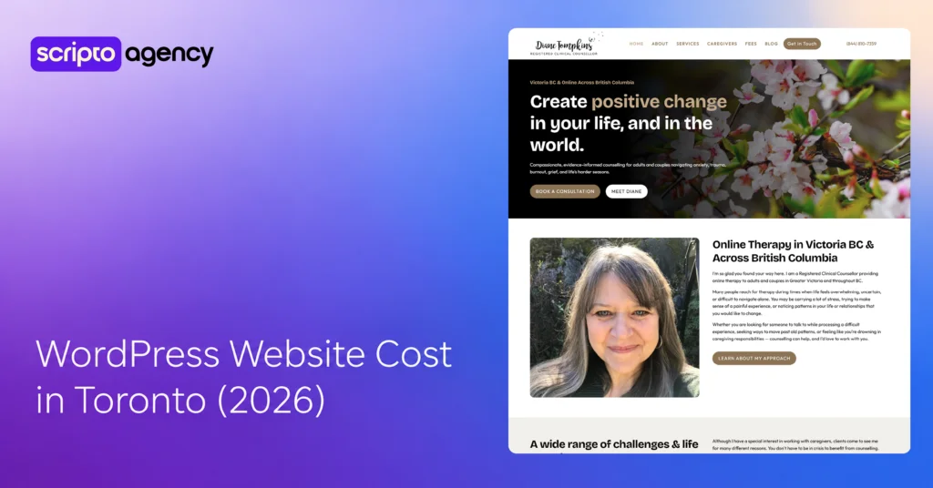 WordPress website cost in Toronto 2026 featured image showing a Diane Tompkins Counselling website redesign by Scripto Agency
